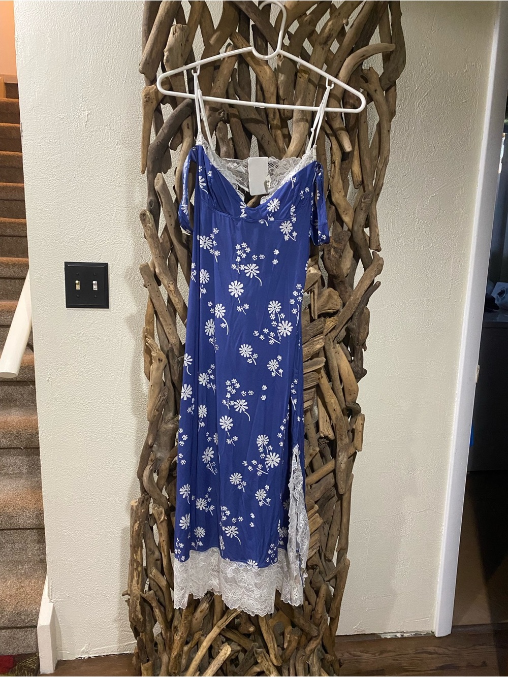 NWOT Free People Blue Floral Slip Dress with White Lace Trim